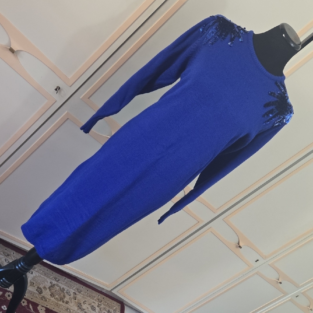 Vintage 80s Blue Sweater Dress by Plain Jane~ Knee-Length, Sequin Details, M